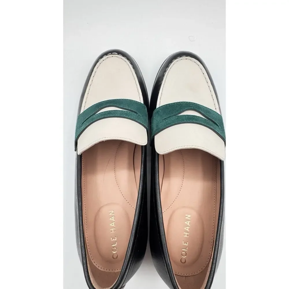 Cole Haan Shoes Womens Size 8 Navy White Green Leather Stassi Penny Loafers